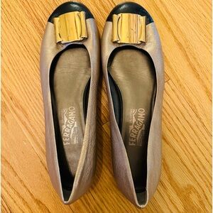 Ferragamo gold, and black ballet flat shoes. Barely worn!!